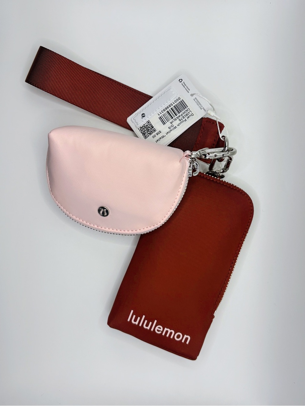 NWT lululemon Dual Pouch Wristlet Wallet Cranberry Charm/Pink Pearl/Silver